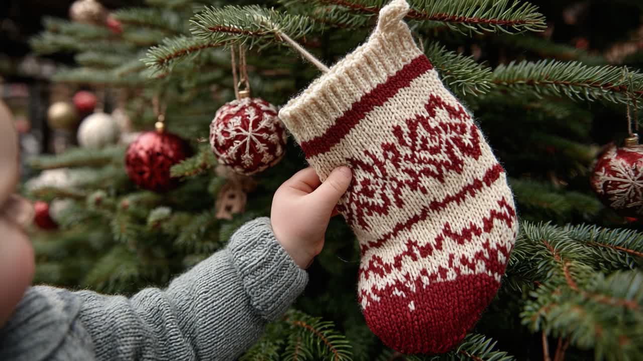 A Child's Delicate Hand Reaches for a Colorful Hand-Knitted Christmas Stocking Hanging from a Festively Adorned Evergreen Tree