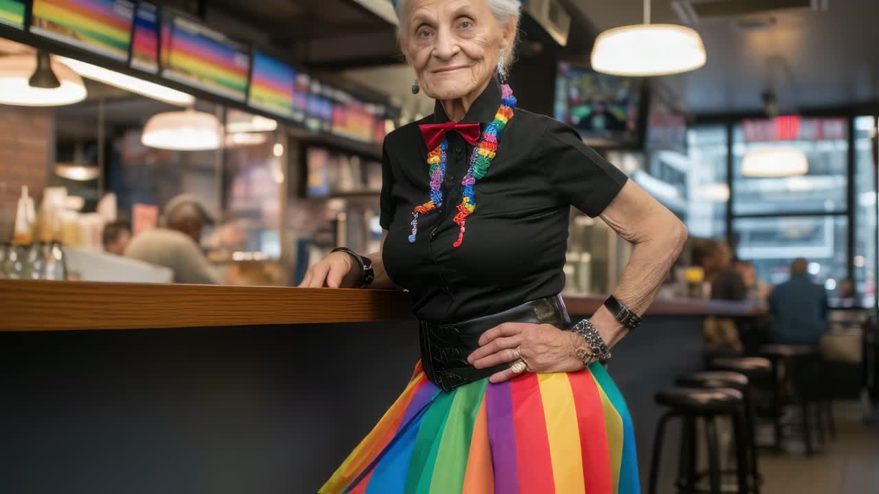 Smiling senior woman wearing a vibrant rainbow skirt, colorful necklace, and playful bow tie, posing joyfully in a lively bar, celebrating the spirit of gay pride and community