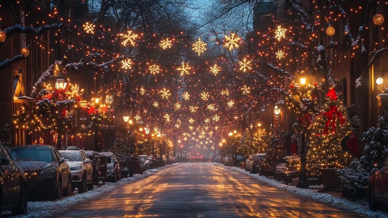 Christmas Street Scene with Lights and Snow