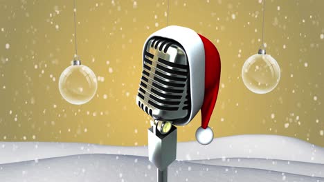 animation of retro microphone with santa hat over winter scenery on yellow background