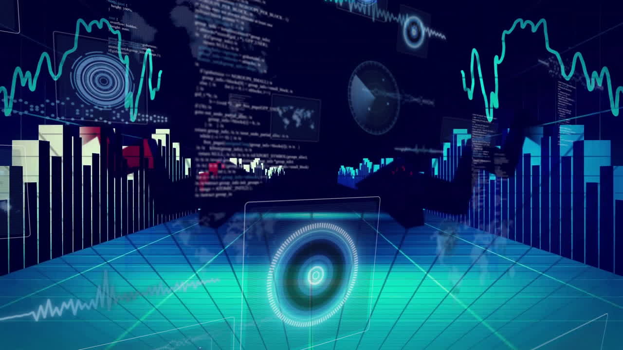 Animation of digital data visualization with graphs and charts on blue grid