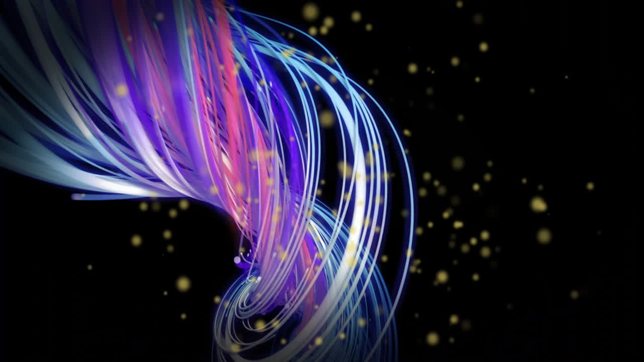 Animation of light spots and colourful trails on black background