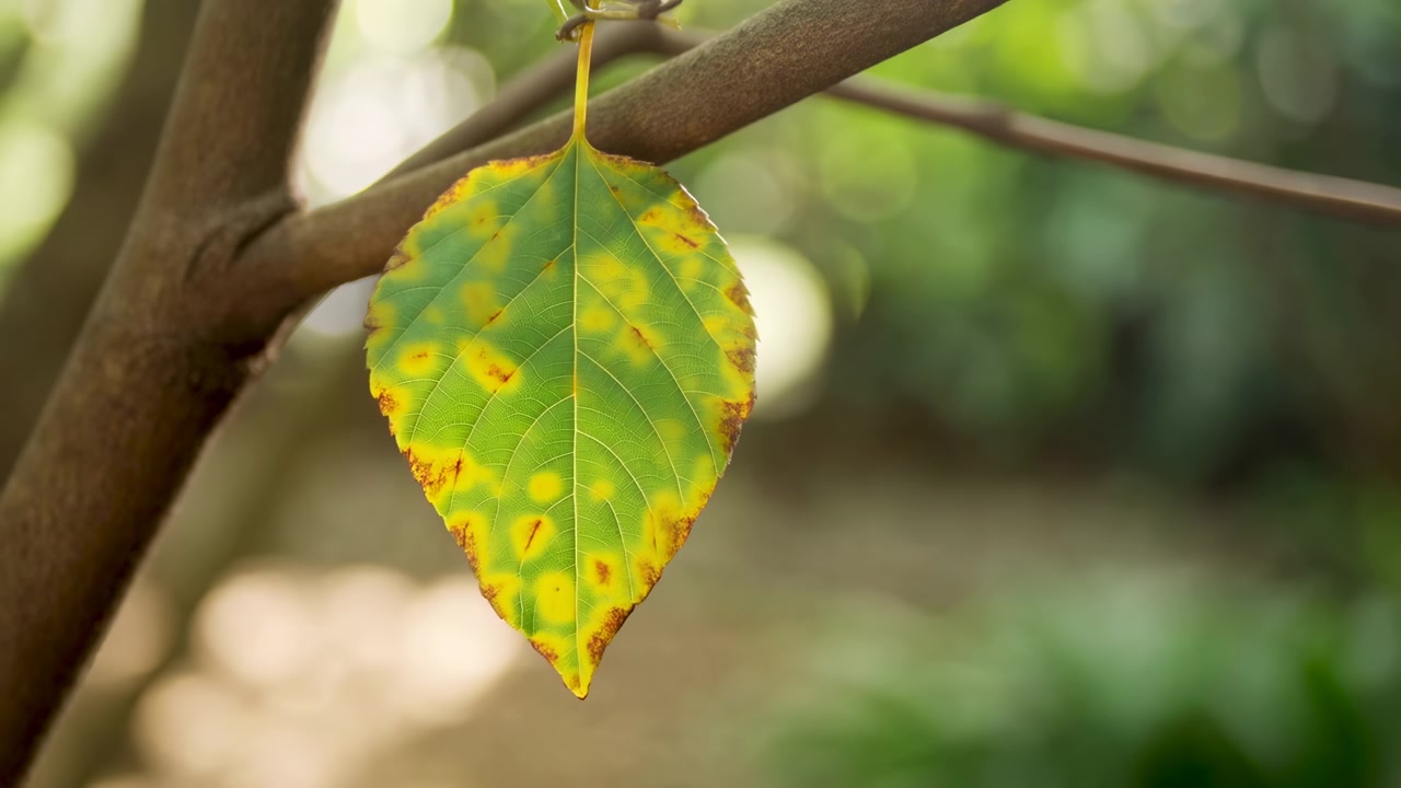 Close-up of single leaf hanging from slender branch, gradually changing from healthy green toward yellow with brown spots, soft backlight revealing veins, texture, and autumn stress