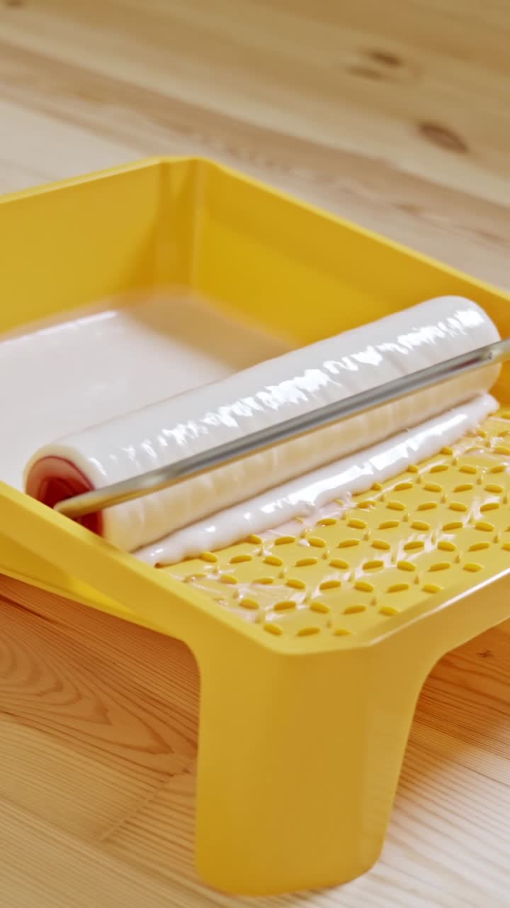 Vertical Close-up of a paint roller being evenly coated with white paint in a bright yellow tray, placed on a wooden floor, showing the preparation phase of an indoor renovation project