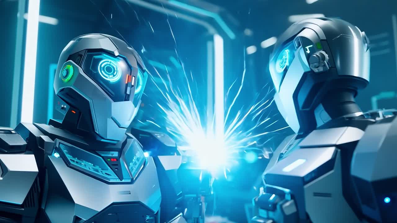 Two Futuristic Robots Welding Together
