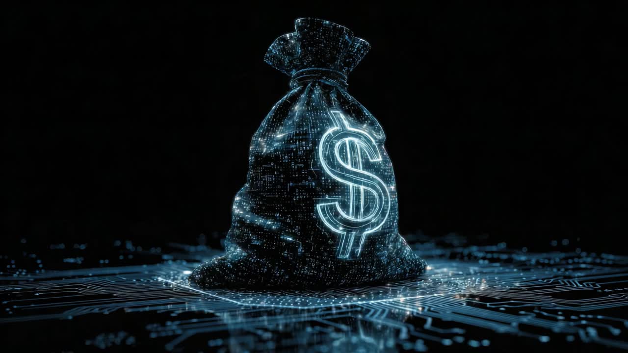 A digital representation of a money bag illuminated against a dark background, symbolizing wealth, finance, and the impact of technology on modern currency management