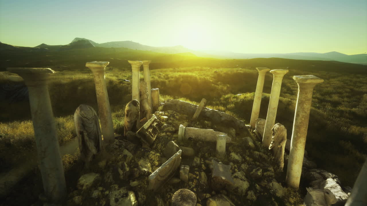 Ancient ruins under the sunset sky near a mountain range