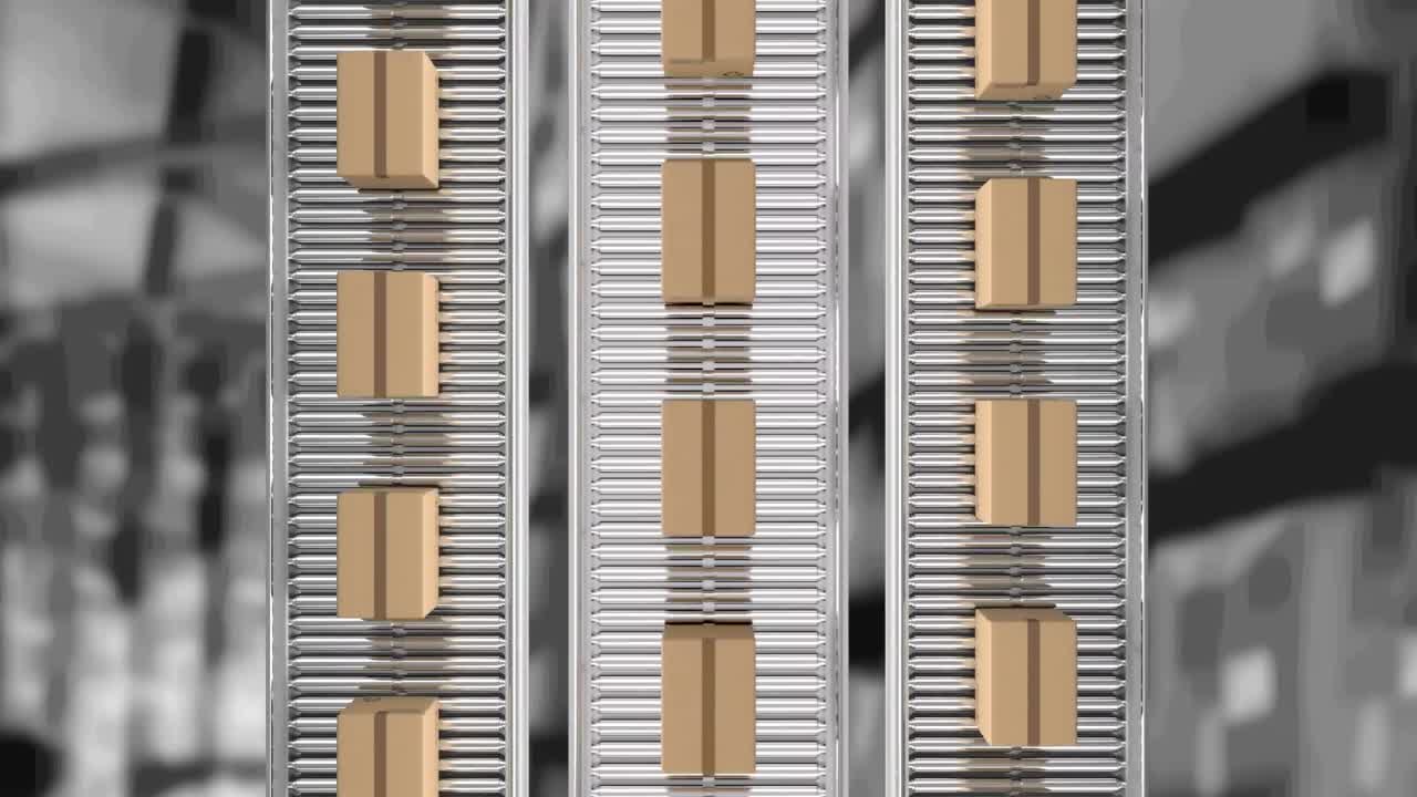 animación de cajas de cartón que se mueven en cintas transportadoras sobre el almacén