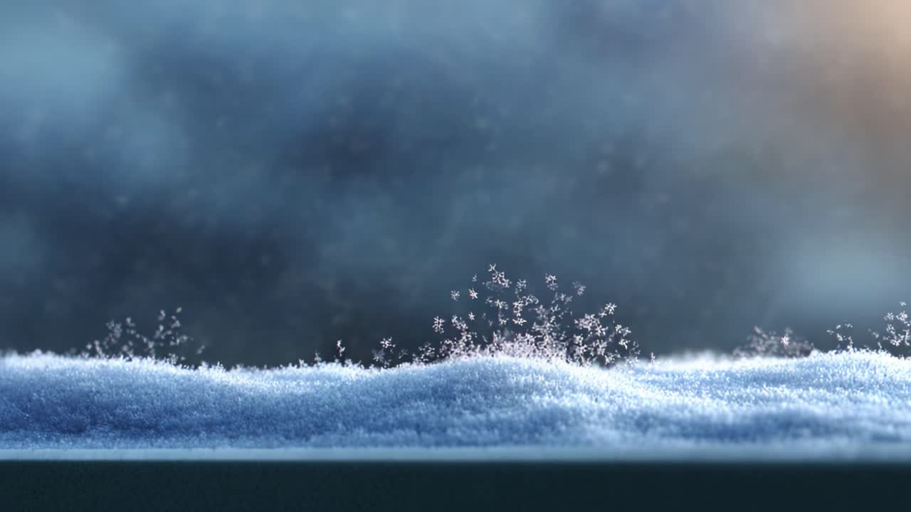 Dynamic Snowfall and Ice Formation: Close-up Capturing the Delicate Dance of Snowflakes and Frost on a Winter Landscape in a Vibrant Atmosphere