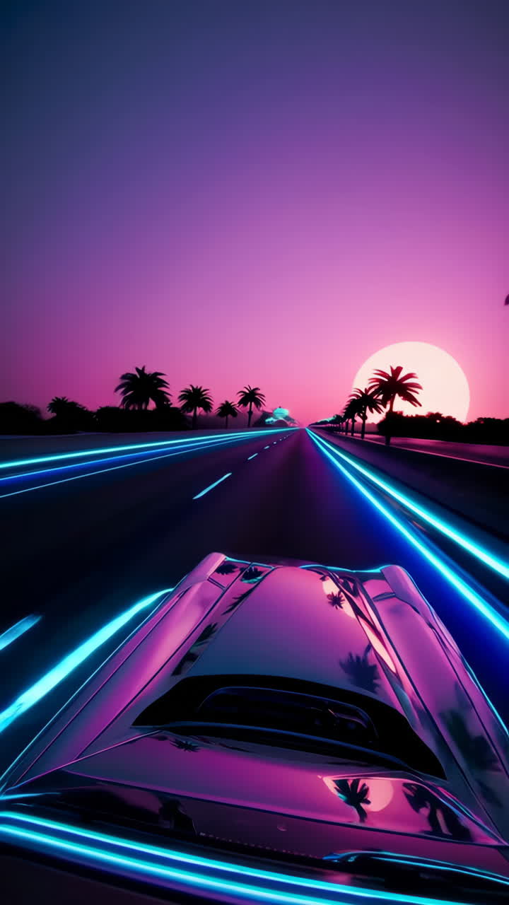 Guida al tramonto su autostrada retrofuturistica