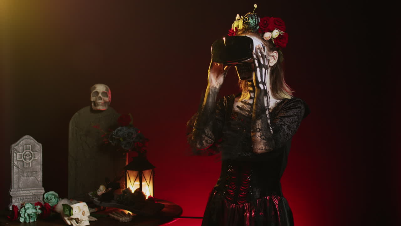 Woman with skeleton makeup and VR headset at a Day of the Dead themed scene