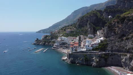 a beautiful view of maiori and amalfi on the amalfi coast in italy, filmed by drone 4k