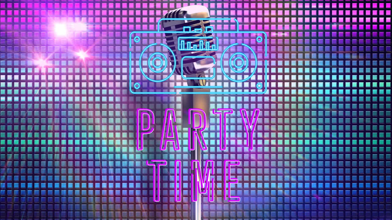 네온 파티 시간과 빈티지 라디오의 애니메이션 레트로 마이크를 통해 빛나는 반점이 있습니다.