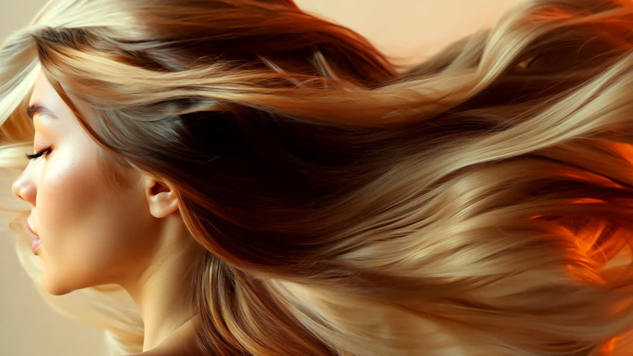 A woman with long blonde hair is shown in a close up. The hair is styled in a way that it is flowing and is very long. The woman's face is also shown, and she has a relaxed expression