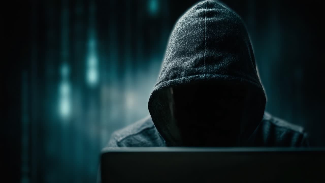 Una Figura Misteriosa con Sudadera con Capucha Interactuando con un Portátil en un Fondo Digital, Simbolizando Actividades Desconocidas en el Ámbito de la Tecnología y la Vigilancia.