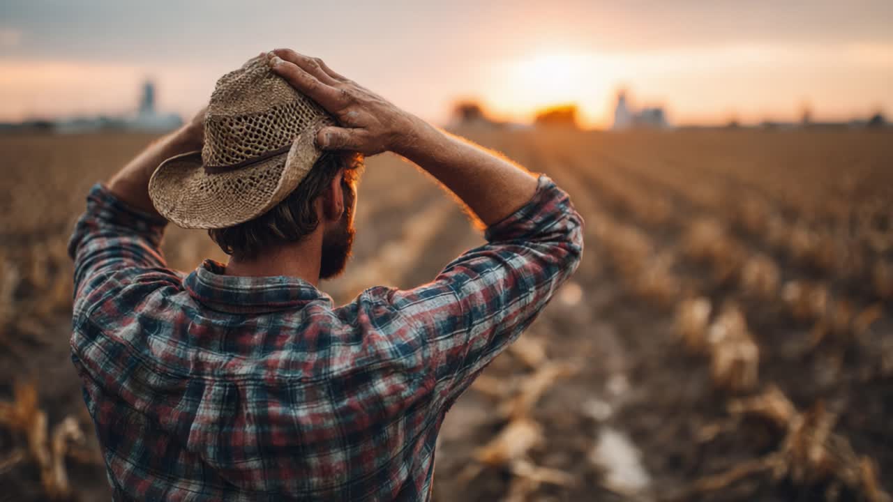 A Reflective Farmer in a Sunlit Field Contemplating the Harvest Amidst Golden Horizons as the Day Ends