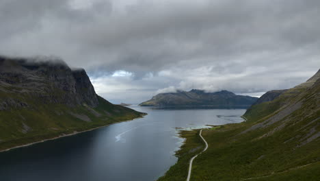 majestic aerial drone view of vast grotfjord fjord, hyperlapse, kvaloya, norway