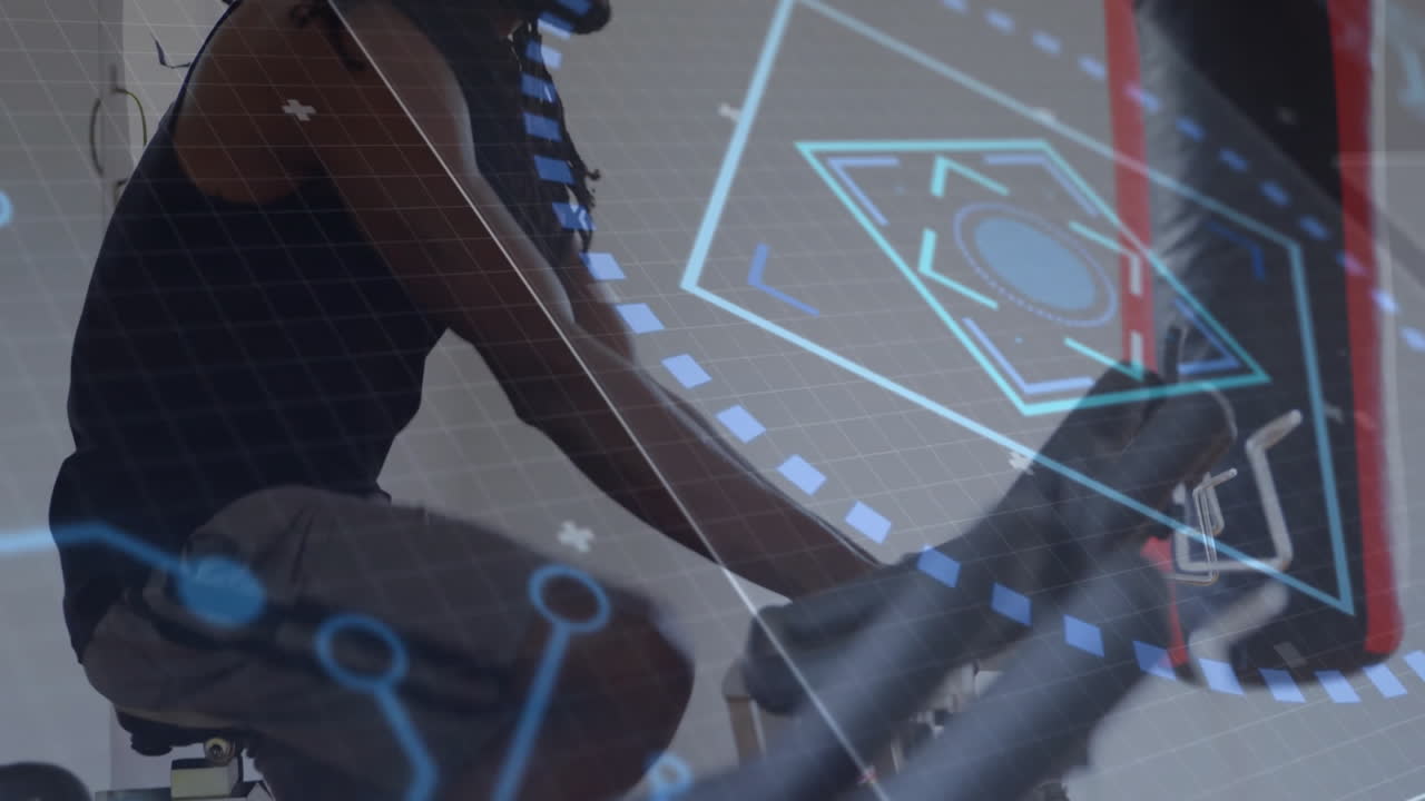 Man pedaling on exercise bike indoors, showcasing fitness data with floating holographic graphics