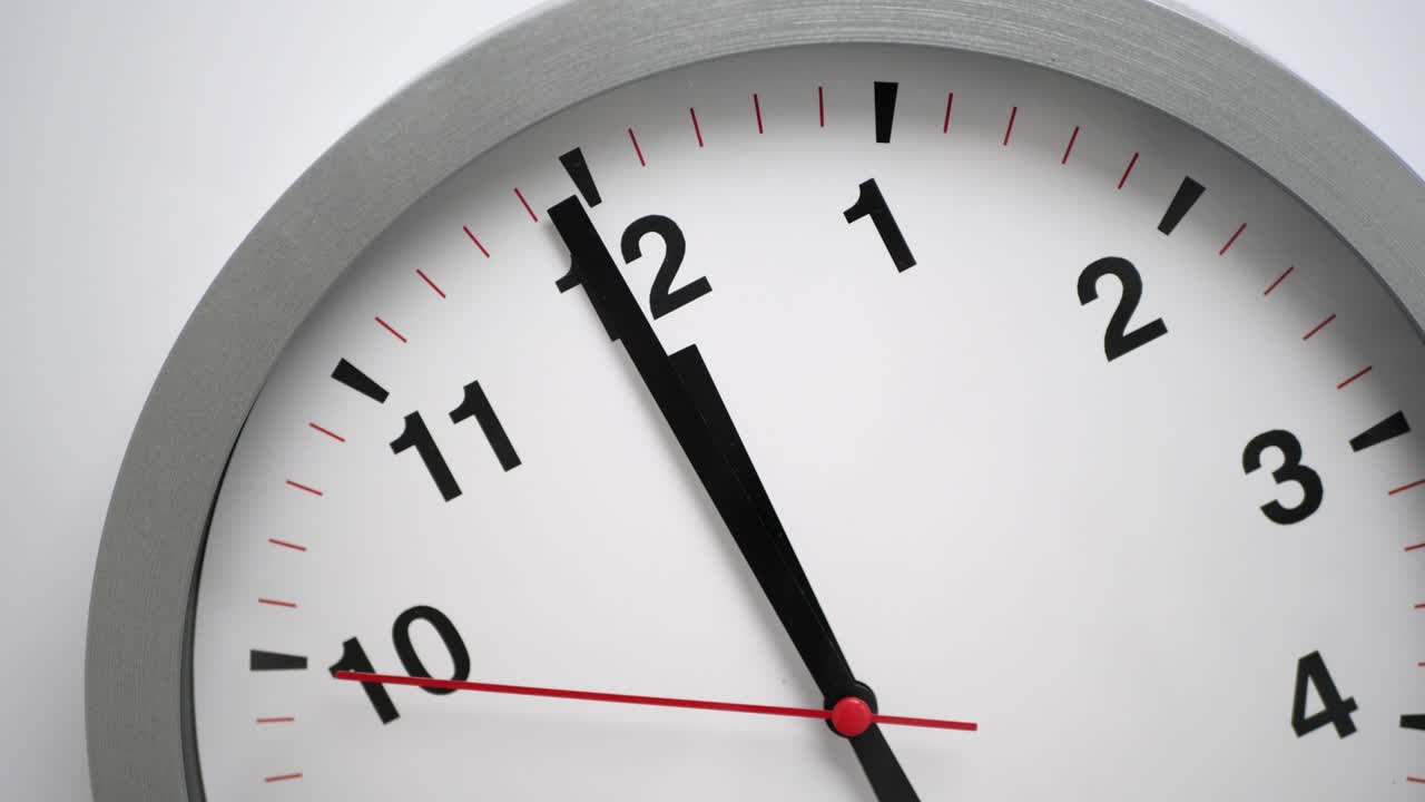 close up de un reloj blanco en fondo blanco, apuntando a la medianoche