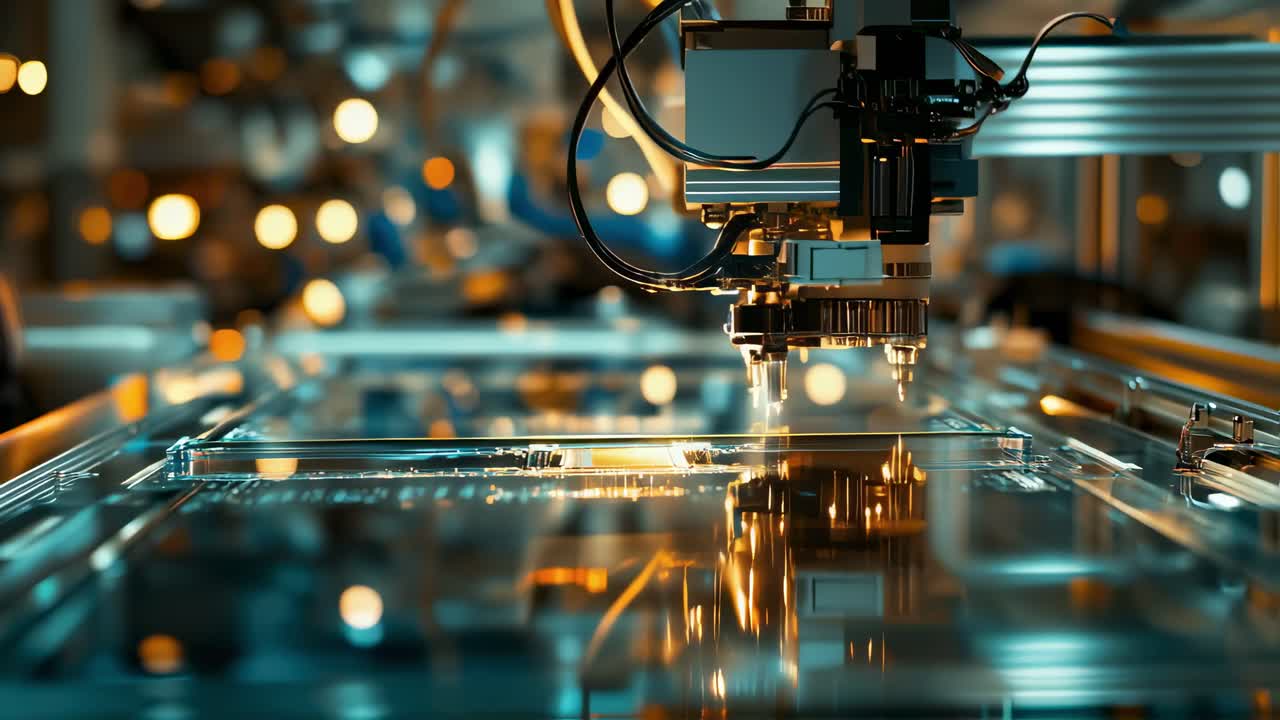 Automated machinery precisely assembling electronic components on a glass surface within a high tech manufacturing facility, showcasing advanced industrial technology