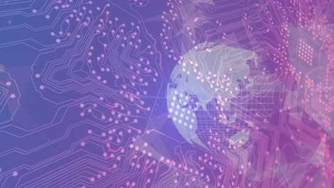 Animation-of-globe,-data-processing-over-computer-circuit-board