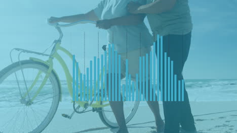 animation of data processing over diverse senior couple at beach