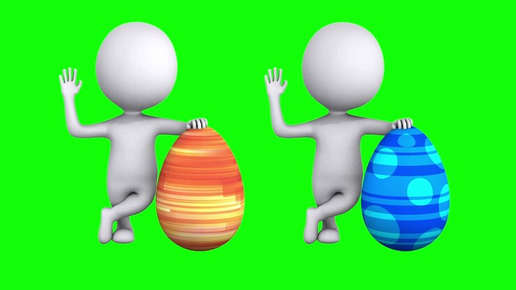 3d Men with Red an Blue Easter Eggs on green screen chroma key. Easter holiday and welcome concept. Happy Easter.