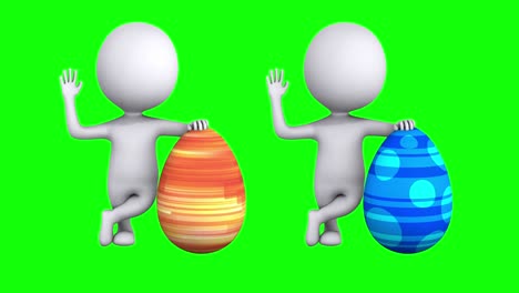 3d men with red an blue easter eggs on green screen chroma key. easter holiday and welcome concept. happy easter.