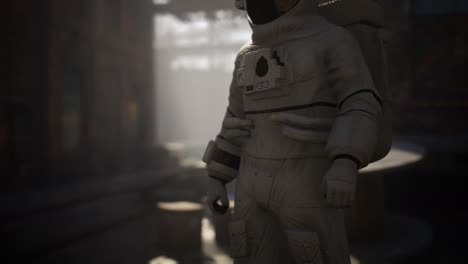 lost astronaut near abandoned industrial buildings of old factory