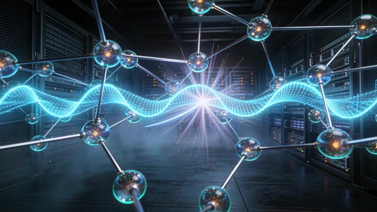 Pulsing hung lattice sending blue helix in server room, orange flare lighting spherical node cores