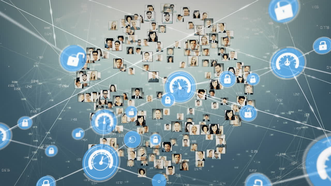 Animation of network of connections with icons and user photos over grey background