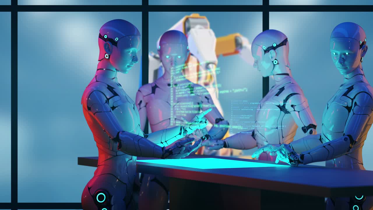 Computer aided manufacturing, future factory engineering and industrial technology, 3D robot teamwork working in factory futuristic computer coding and background.