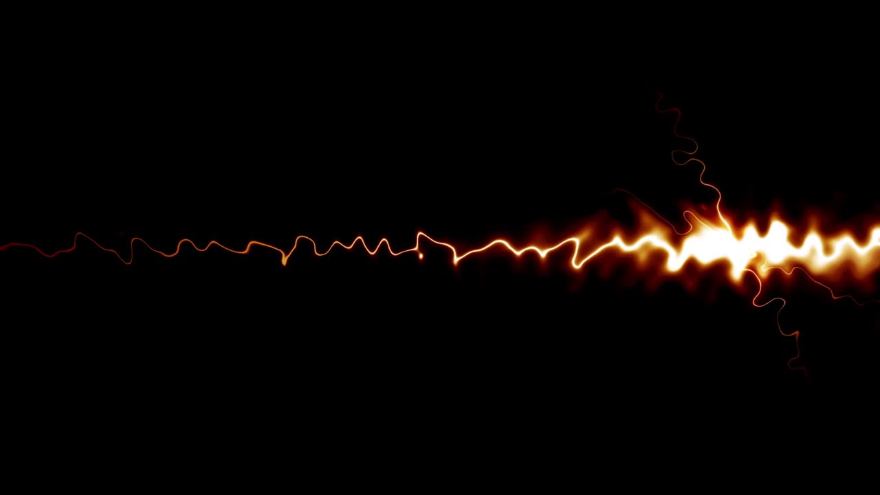 impacto eléctrico abstracto, chispas de descarga de tormenta. 4k bucle sin costuras línea horizontal brillo electricidad pulso de relámpago. iluminación eléctrica efectos visuales para superposición o fondo.