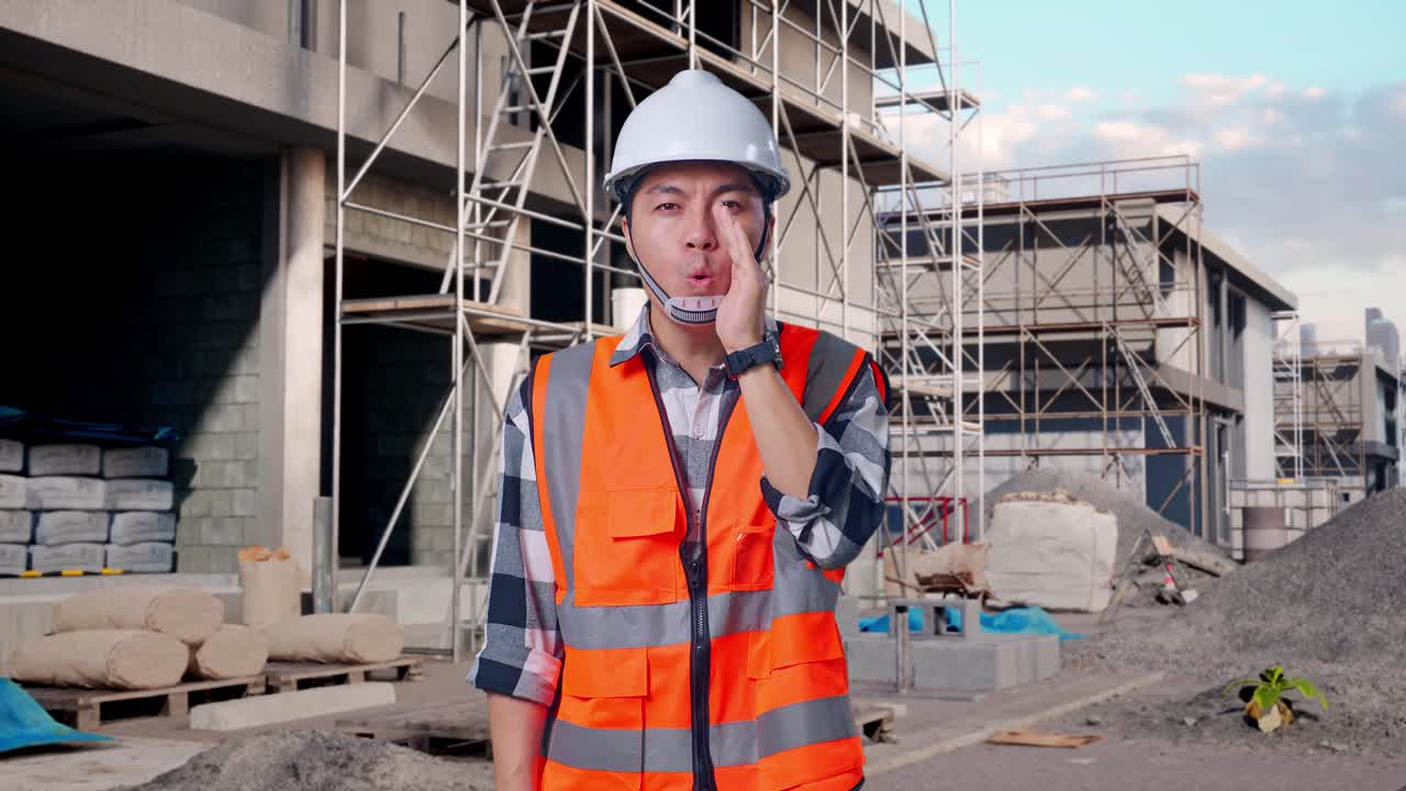 Asian Male Engineer With Safety Helmet Yelling With Hand Over Mouth While Standing At Building & Construction Site in Progress to New House
