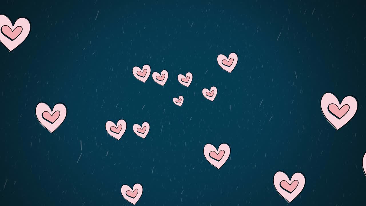 파란색 배경에 떨어지는 눈 위에 움직이는 분홍색 심장의 애니메이션