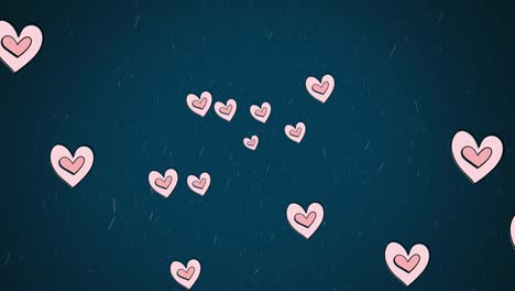 animation of pink hearts moving over snow falling on blue background