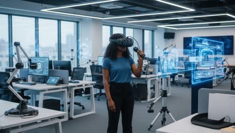 exploring virtual reality: a user engaging with innovative technology in a modern office environment filled with high-tech equipment and interactive displays