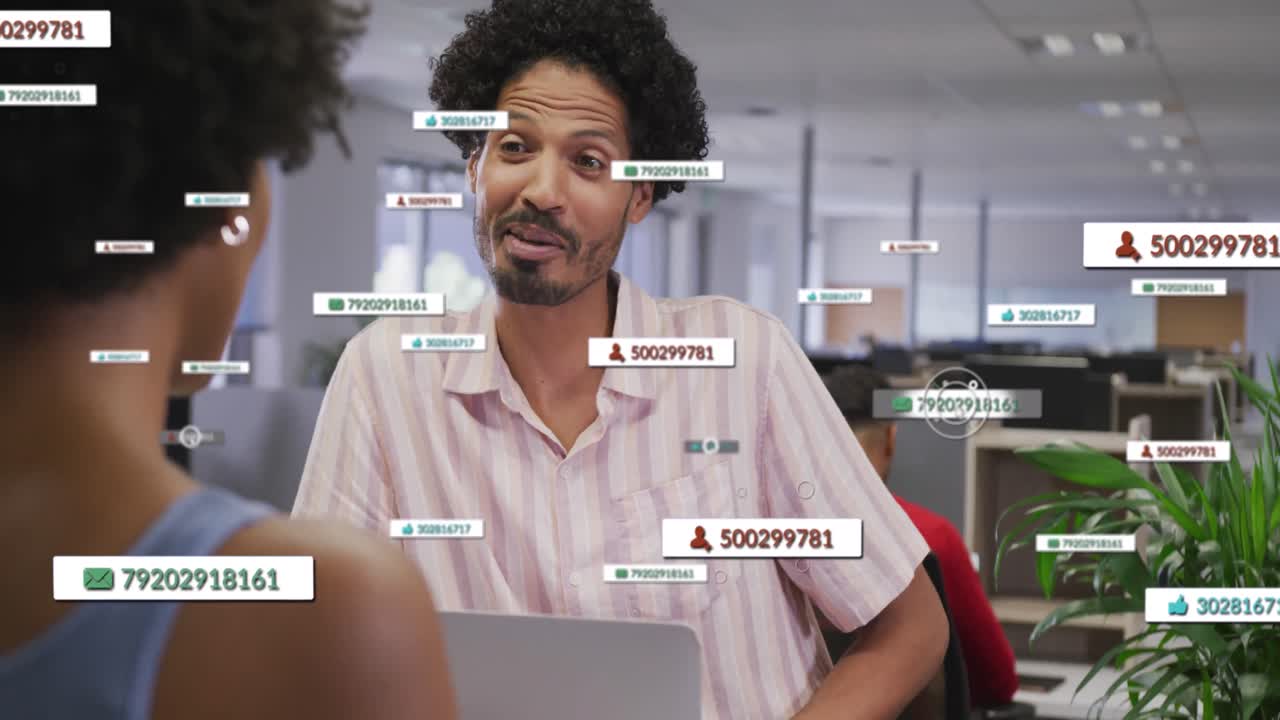 Animation of financial data processing over diverse business people in office