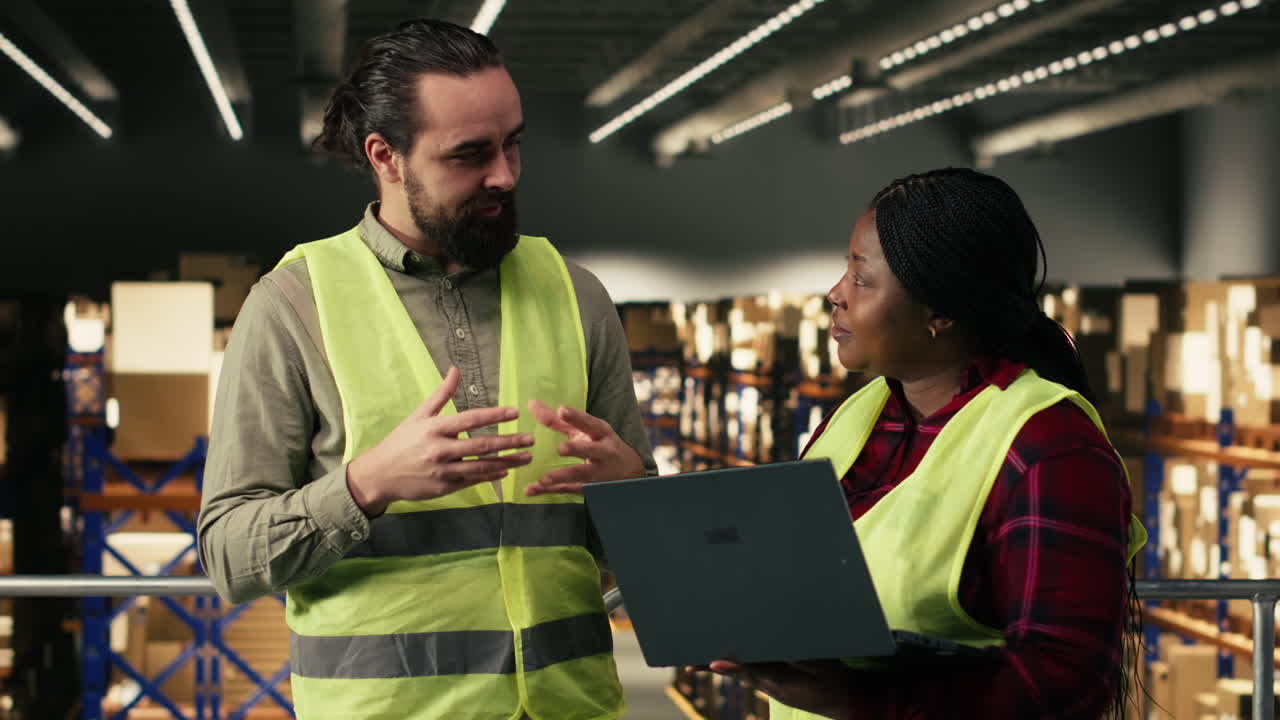Operatori di magazzino che discutono di logistica e inventario su laptop