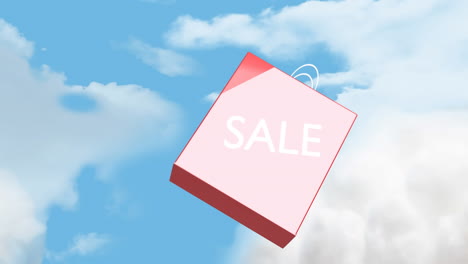 animación de una bolsa de compras con texto de venta cayendo sobre un cielo nublado