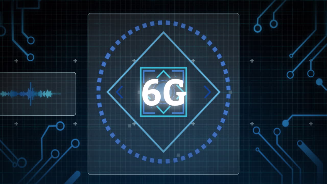 Animation of 6g text with scope scanning and data processing on screens over grid
