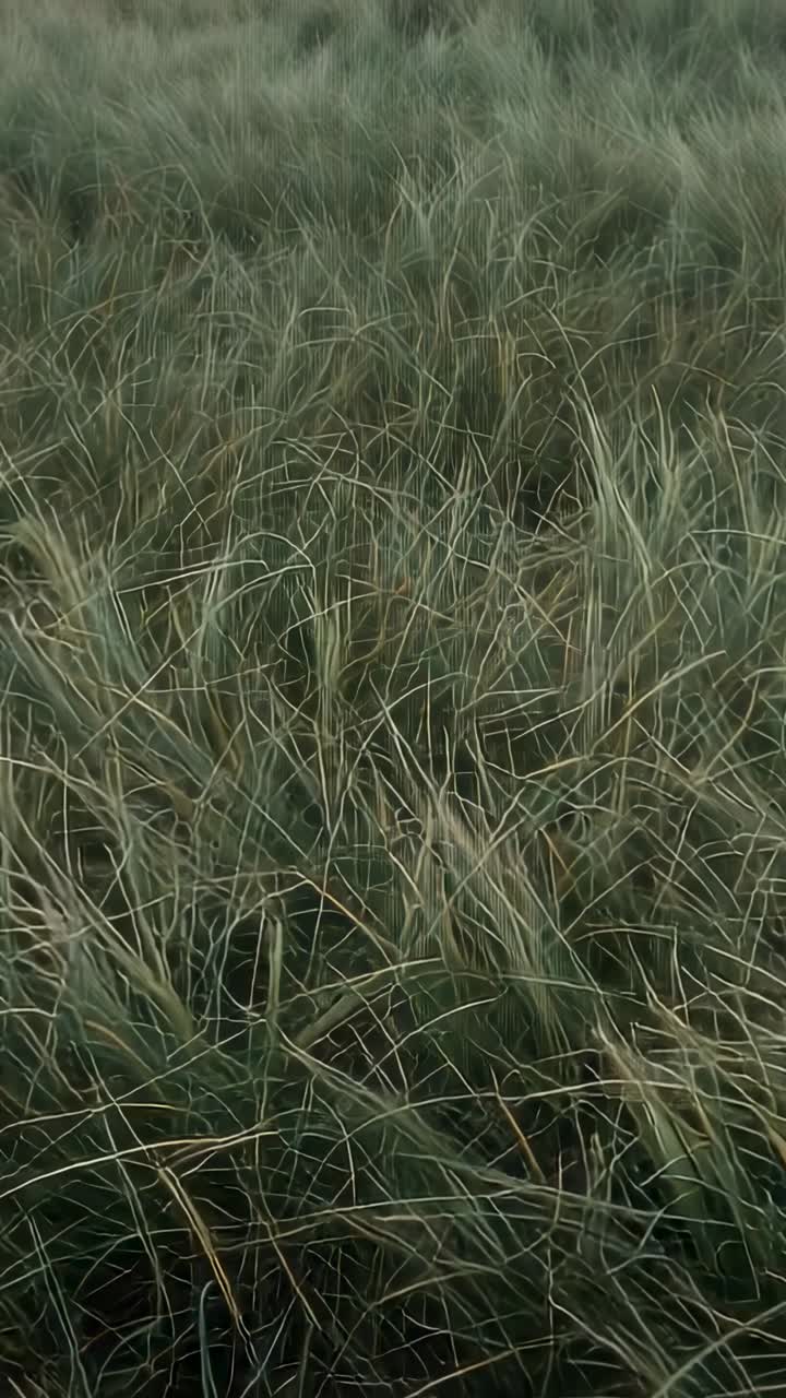 Video verticale: Erba densa delle dune che si piega nella brezza mentre la telecamera si muove in avanti, mostrando la trama.