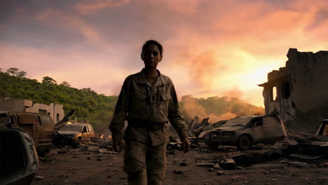 female soldier in a war-torn city