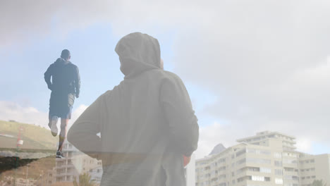 composite of man jogging in countryside and man jogging in city