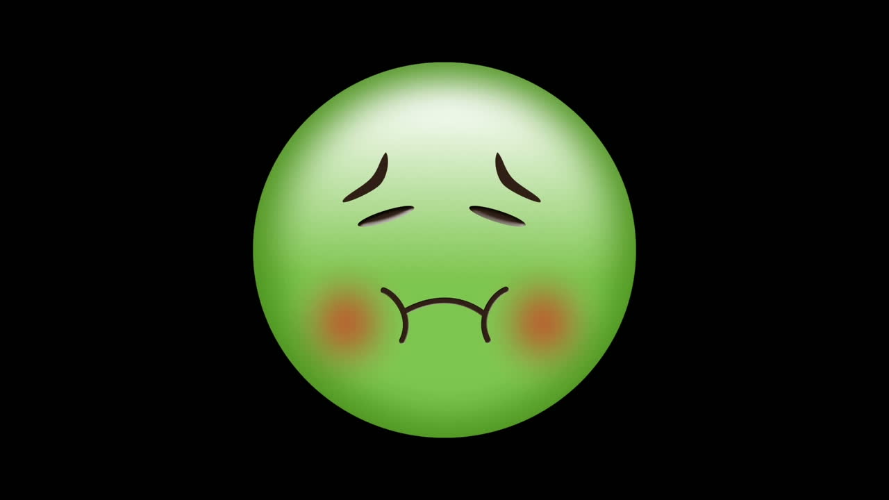 검은색 배경에 녹색 병자 얼굴 이모티콘 위에 추상적인 보라색 모양의 디지털 애니메이션