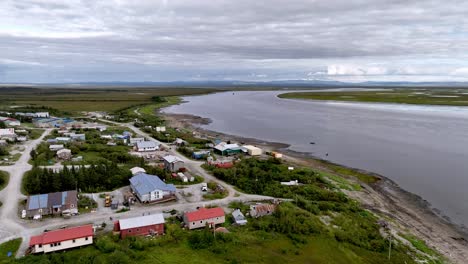 aerial village of koyuk alaska with koyuk inlet in background