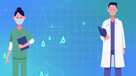 animation of medical icons and nurse with doctor on blue background