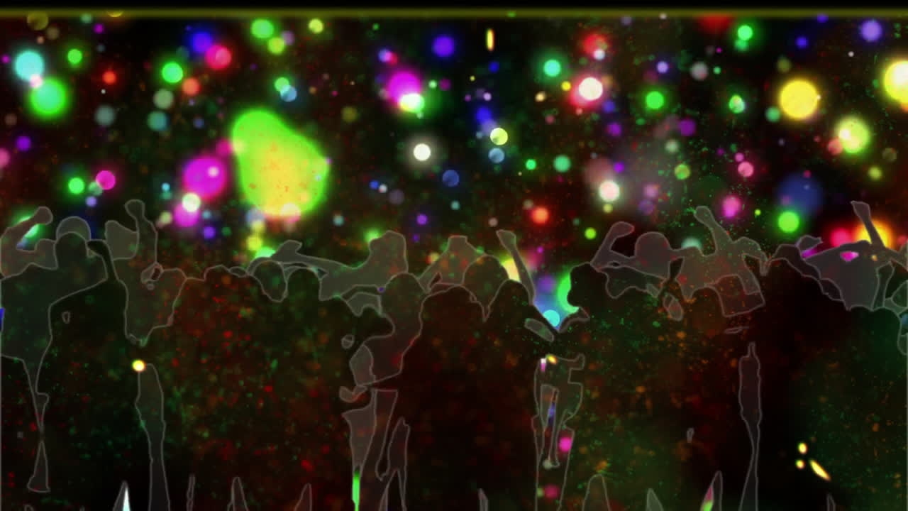 Silhouetted crowd dancing in front of vibrant bokeh lights and floating glitter, in flat design