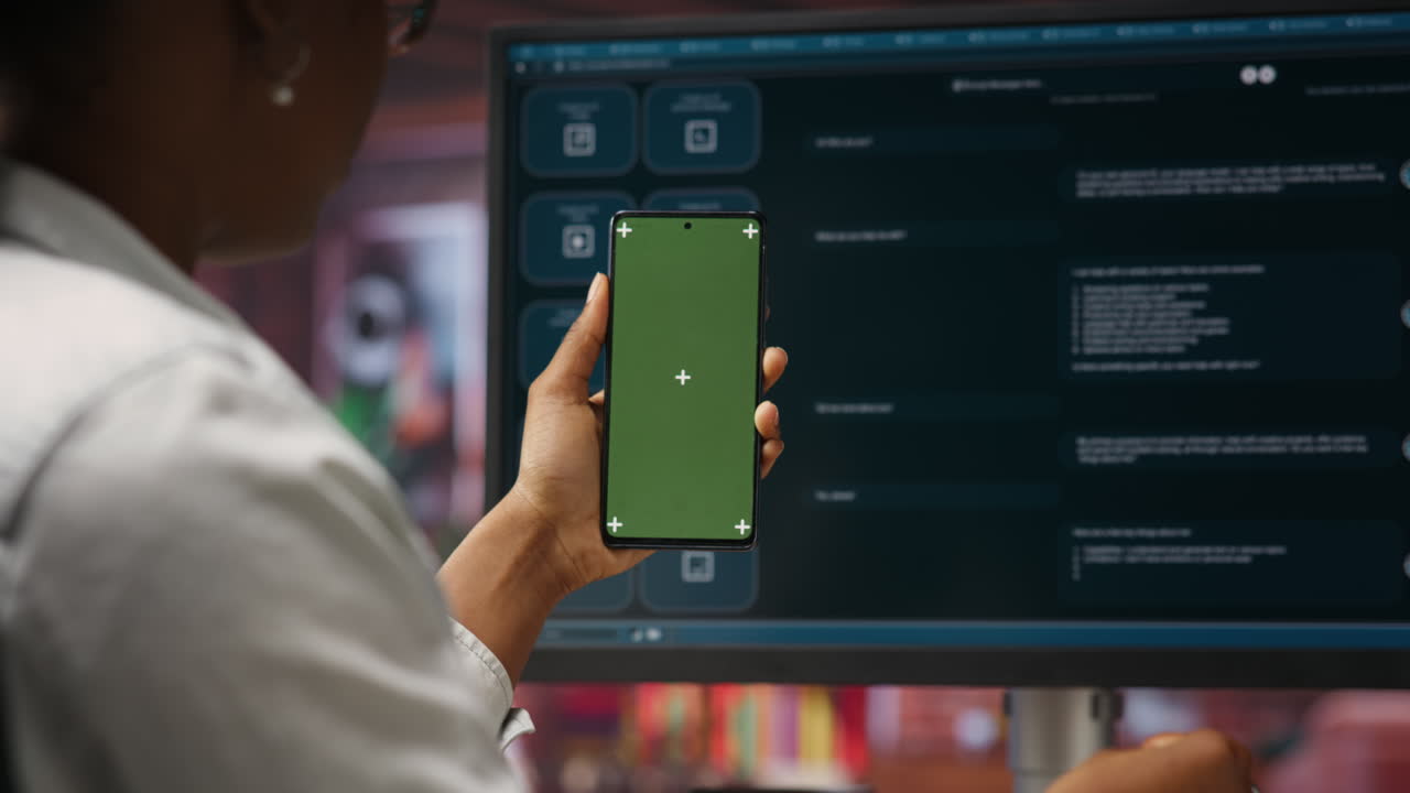 una mujer en casa con un modelo de teléfono inteligente hace preguntas a un asistente virtual