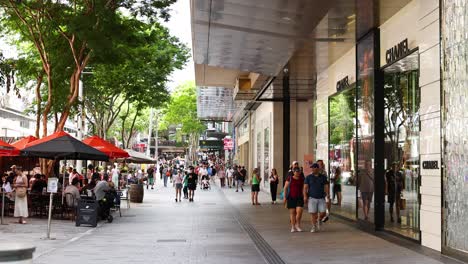 pedestrians walking along a busy urban sidewalk